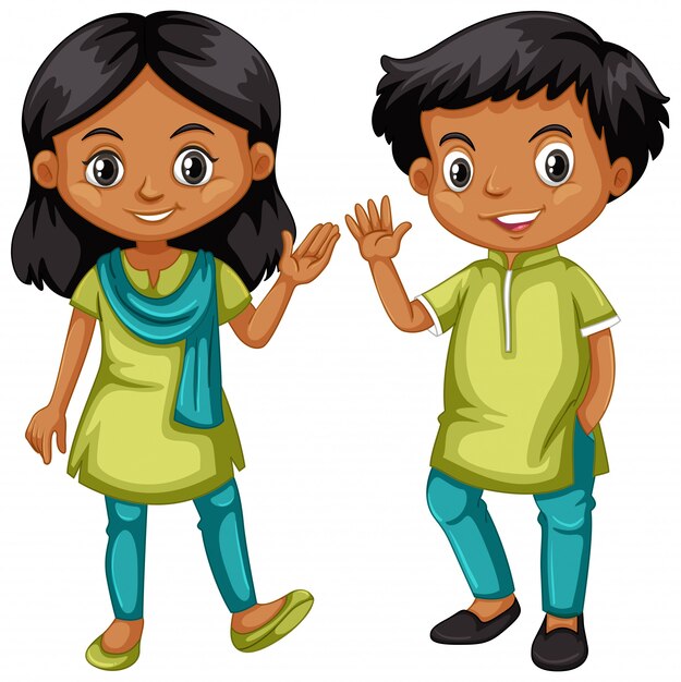 녹색과 파란색 복장에서 인도에서 소년과 소녀