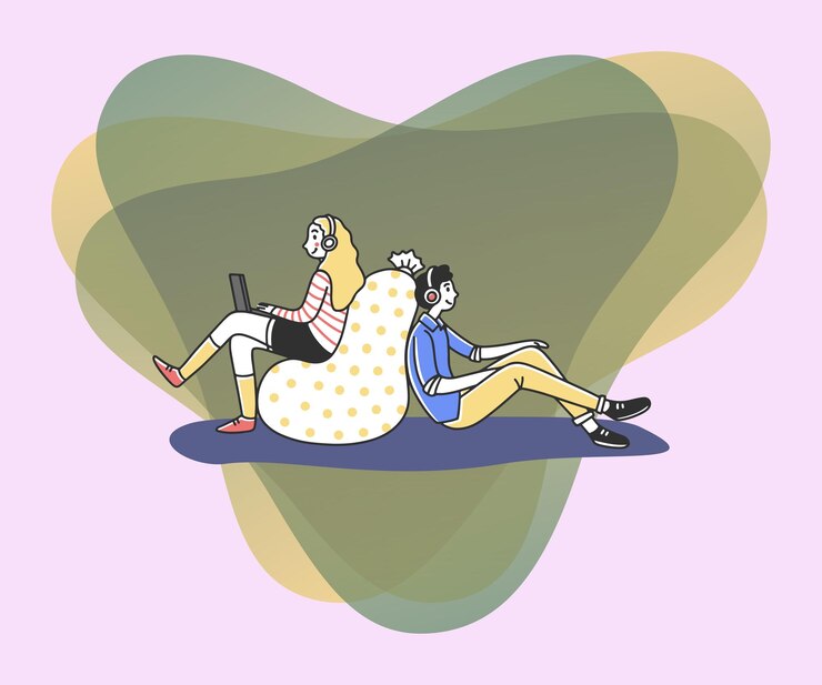 無料Vector ヘッドセットをかぶった男の子と女の子がオンラインでラジオポッドキャストを聴いています