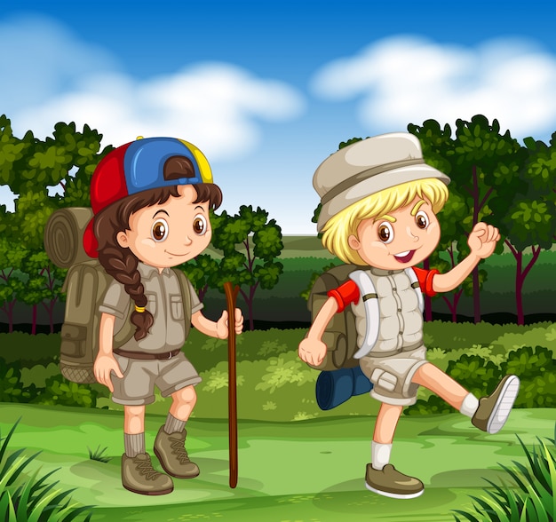Boy and girl hiking in the park