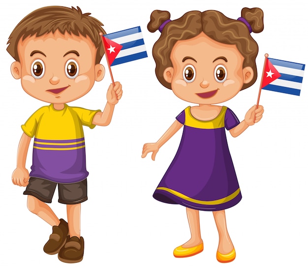 소년과 소녀 쿠바의 국기를 들고
