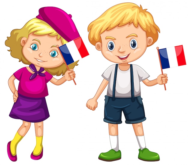 男の子と女の子がフランスの旗を保持