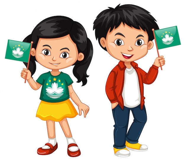 Boy and girl holding Macau flag