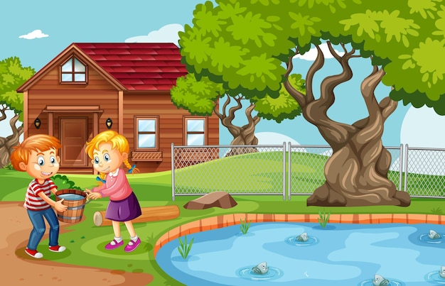 Boy and girl holding a wooden bucket full of water in nature scene