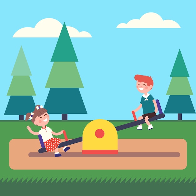 Free vector boy and girl kids swinging on seesaw at the park