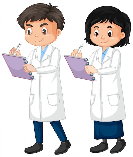 Boy and girl in lab gown writing note on white