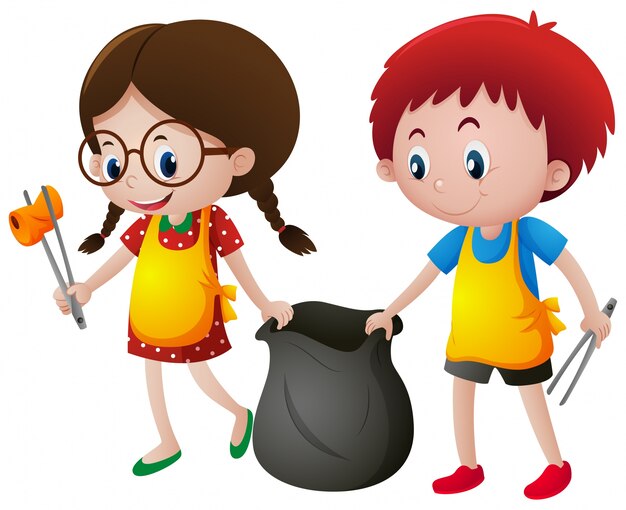 Мальчик и девочка собирают мусор