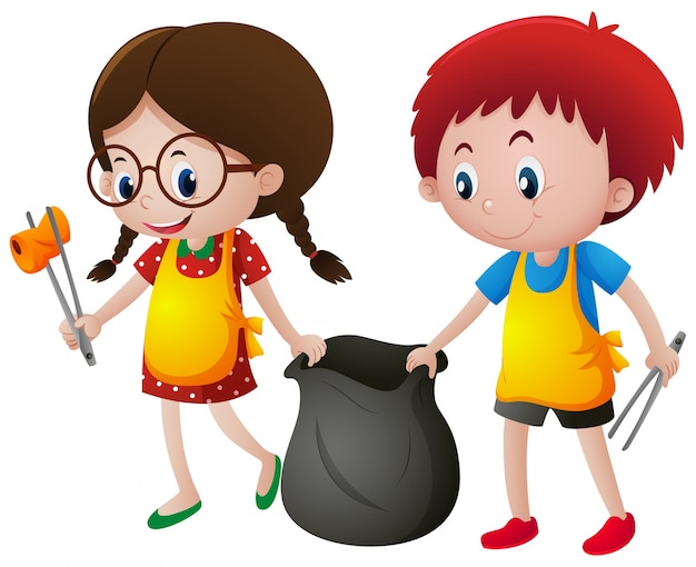 Boy and girl picking up trash