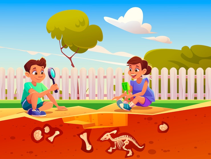Free Vector boy and girl playing in game about excavation fossil dinosaurs in sandbox.