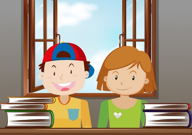 Мальчик и девочка, читающие в классе