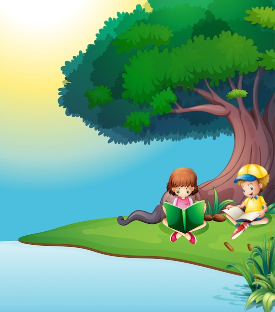 Free vector a boy and a girl reading under the tree