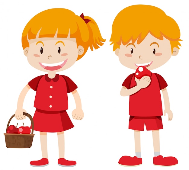 Boy and girl in red eating apples