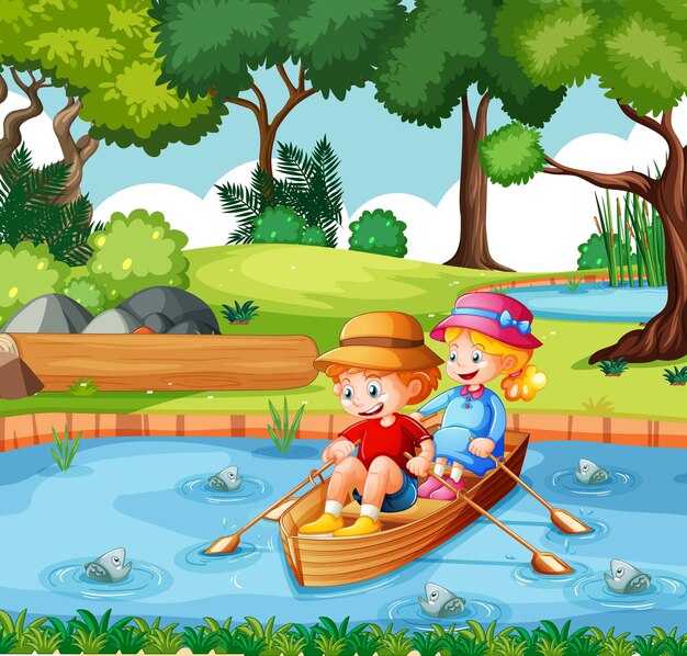 Мальчик и девочка гребут на лодке в парке