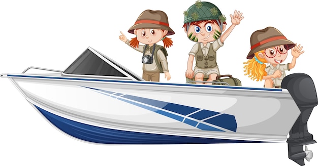 Free vector boy and girl in safari outfit sitting on a boat on a white backg