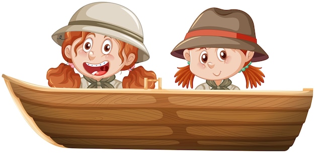 Boy and girl in safari outfit sitting on a boat on a white backg