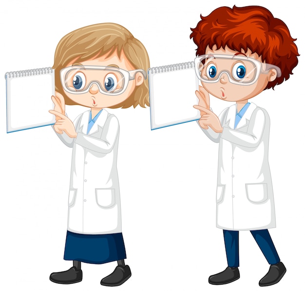 Boy and girl in science gown on isolated background