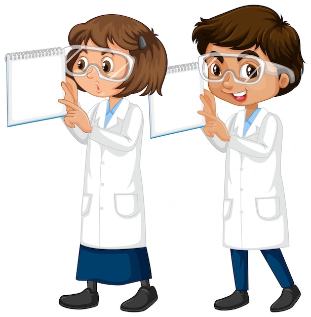 Boy and girl in science gown standing isolated