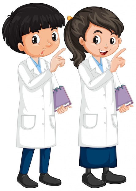 Boy and girl in science gown standing on white