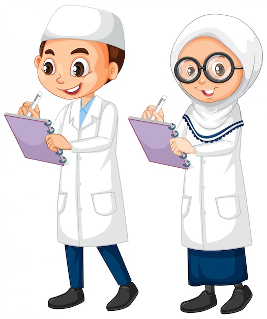 Free vector boy and girl in science gown standing on white