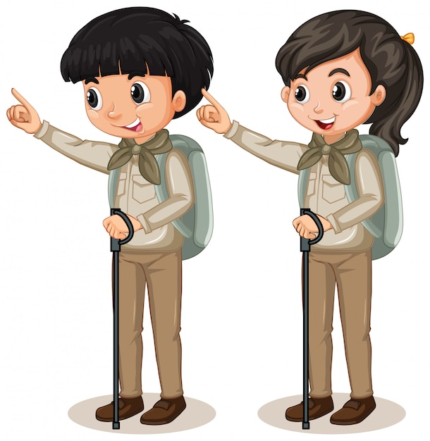 Boy and girl in scout uniform on white