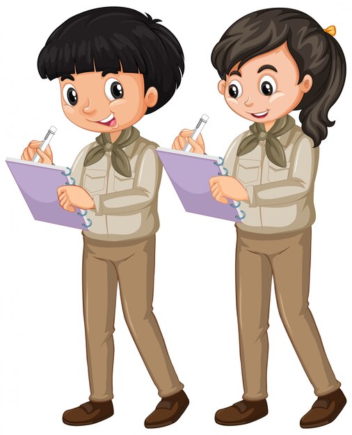 Boy and girl in scout uniform on white