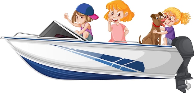 Free vector boy and girl sitting on a speed boat on a white background