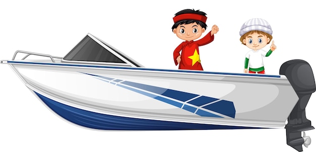 Boy and girl sitting on a speed boat on a white background