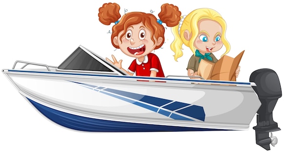 Free vector boy and girl sitting on a speed boat on a white background