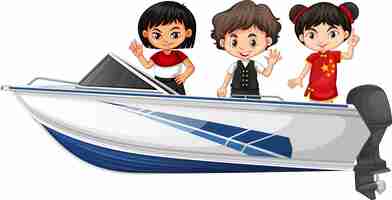 Free vector boy and girl standing on a speed boat on a white background