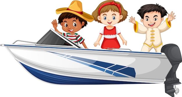 Free vector boy and girl standing on a speed boat on a white background