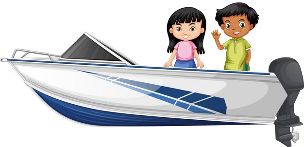 Ragazzo e ragazza in piedi su una barca in accelerazione su uno sfondo bianco
