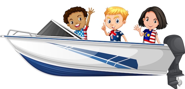 Free vector boy and girl standing on a speeding boat on a white background