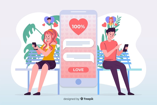 Vettore gratuito ragazzo e ragazza che utilizzano app di incontri