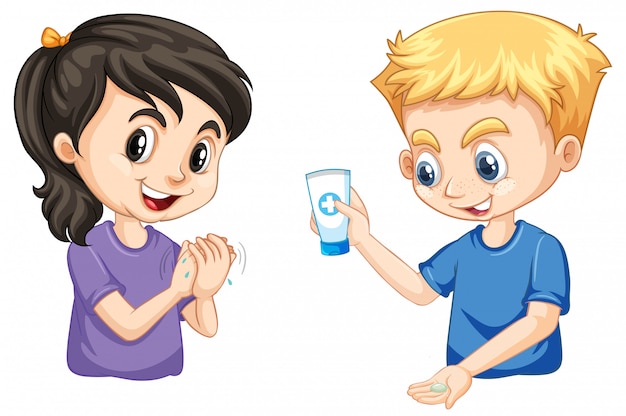 Boy and girl washing hands using hand gel