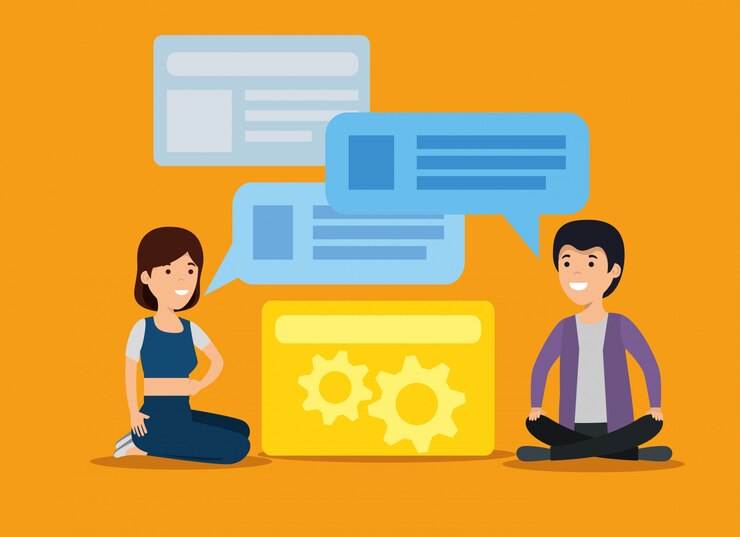 Free Vector boy and girl with chat bubble and gears