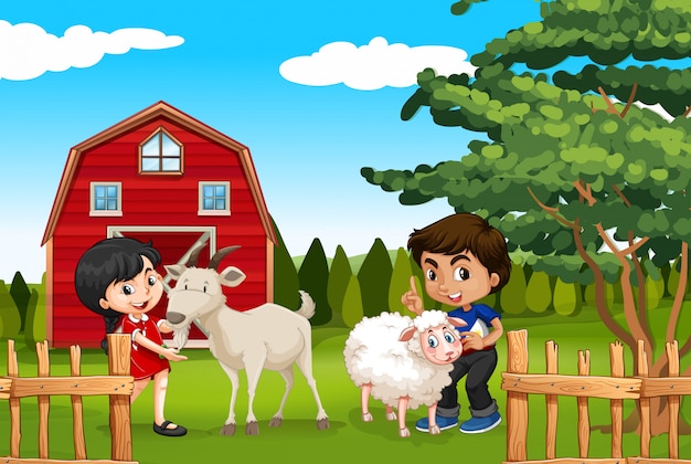 Free vector boy and girl with farm animals in the farm