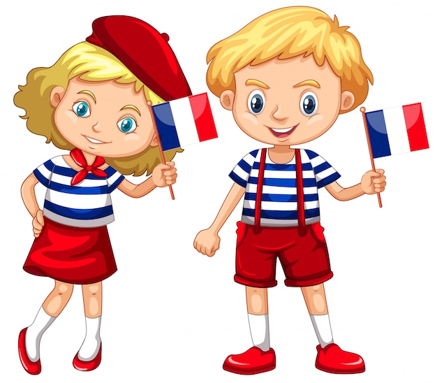 Free vector boy and girl with flag of france