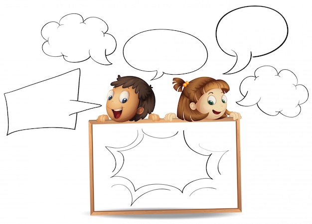 Free vector boy and girl with speech bubble templates