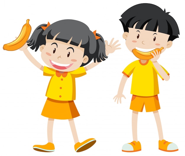 Free vector boy and girl in yellow outfit with banana