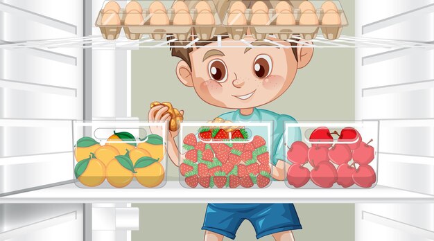 Мальчик берет еду из холодильника