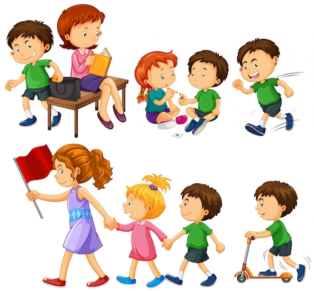 Free vector boy in green shirt doing different activities illustration