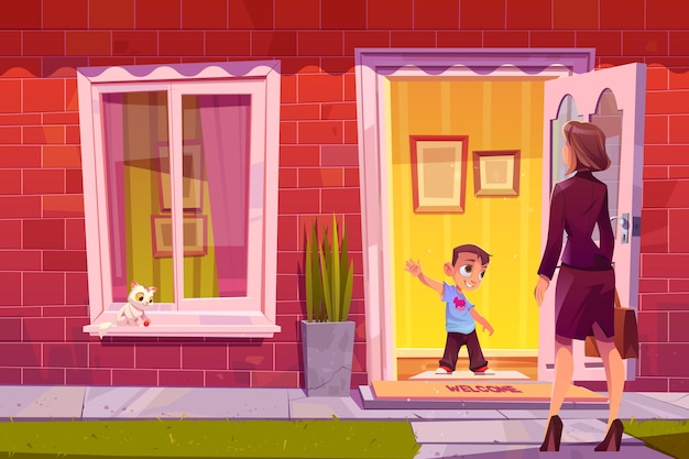 Free vector boy greeting mother at house door