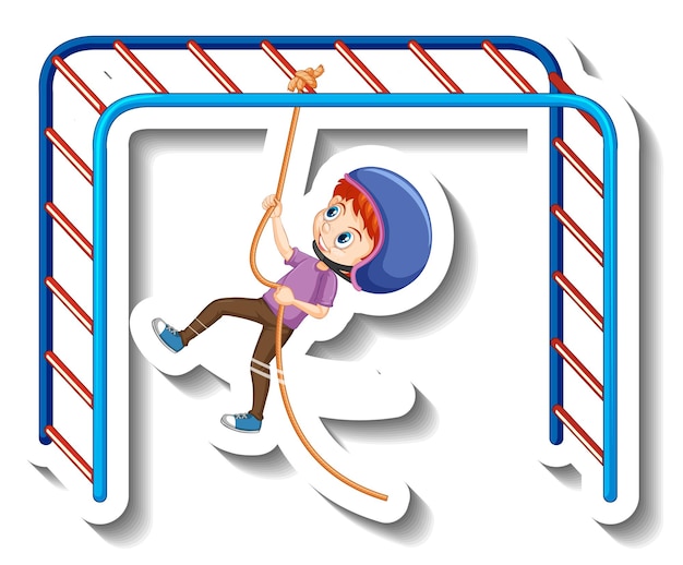 Free vector a boy hanging on rope cartoon sticker