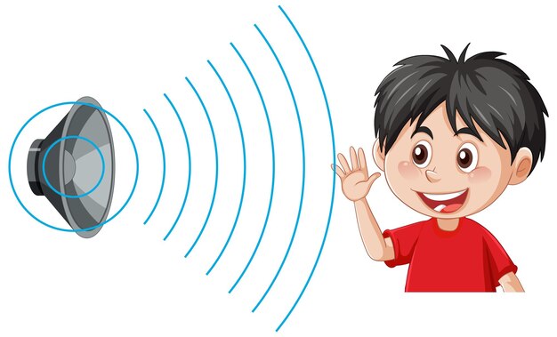 A boy hearing sound with speaker icon