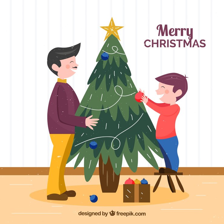 Free Vector boy and his dad decorating a christmas tree