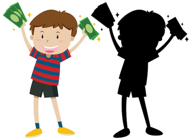 Boy holding banknotes in colour and silhouette