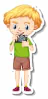 Free vector a boy holding camera cartoon character sticker