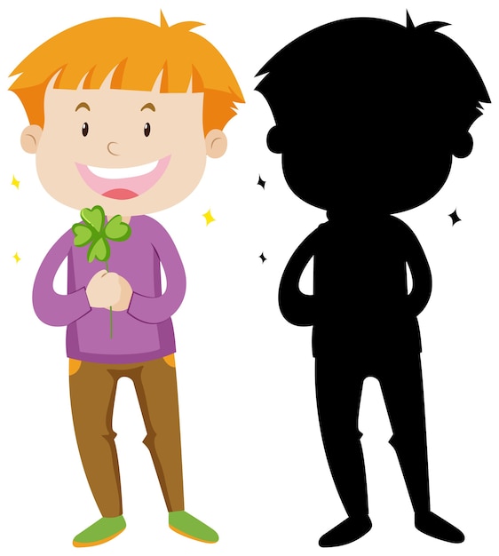 Бесплатное векторное изображение Мальчик держит лист клевера в цвете и силуэте