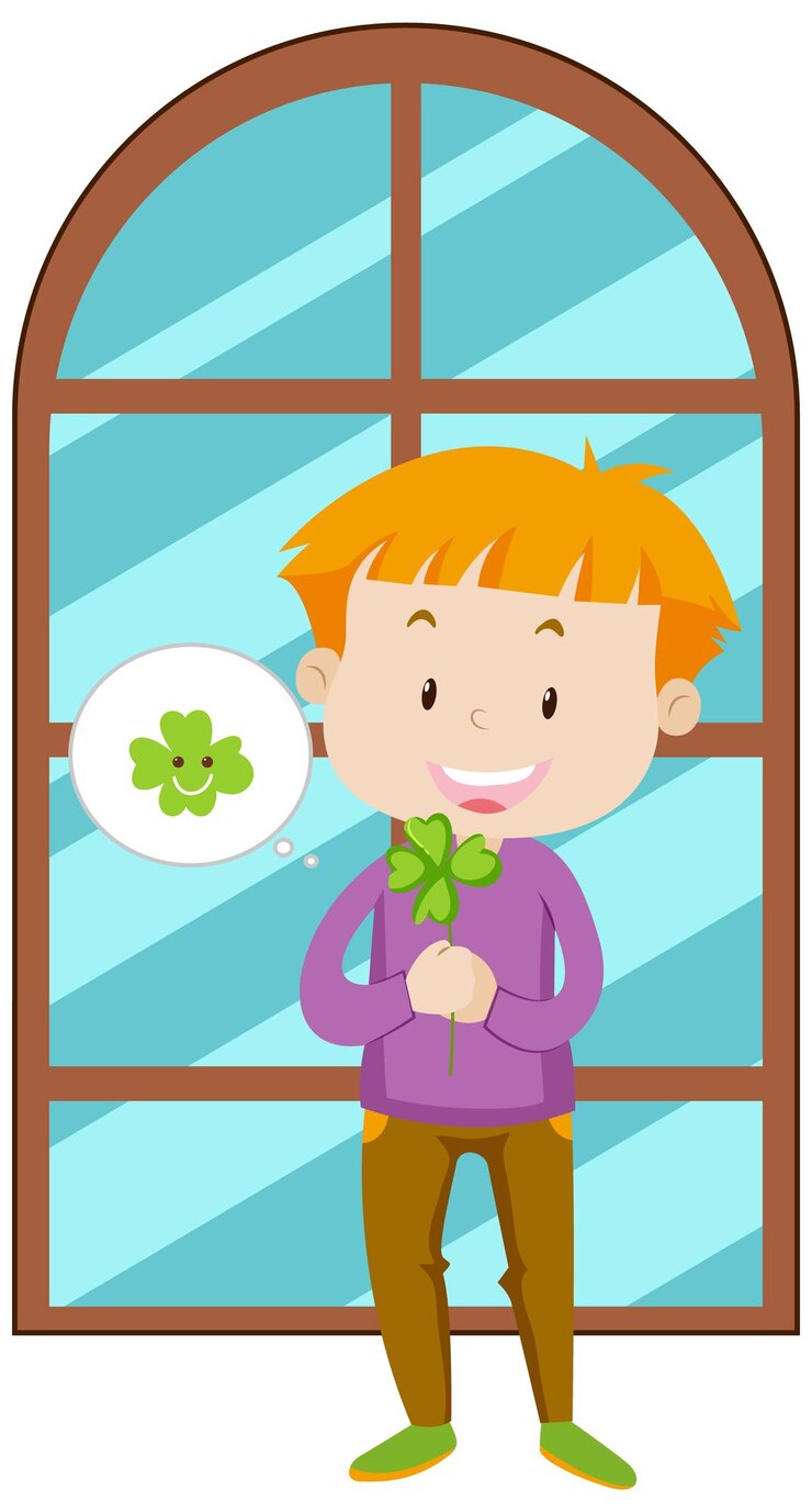 Free Vector a boy holding clover leaf simple cartoon character