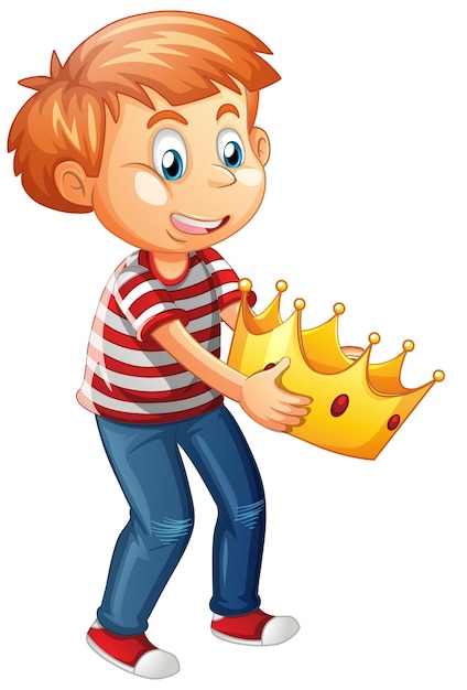 Boy holding a crown cartoon character isolated on white background