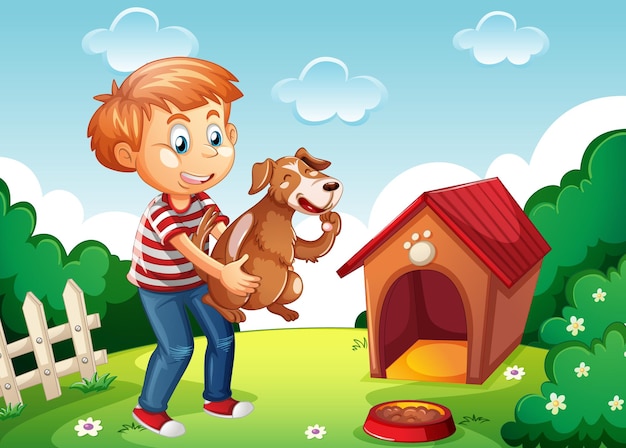 Boy holding a dog in nature scene white doghouse